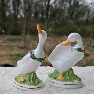 Two Vintage Bone China White Christmas Goose or Duck Figurines w Holly Collars
